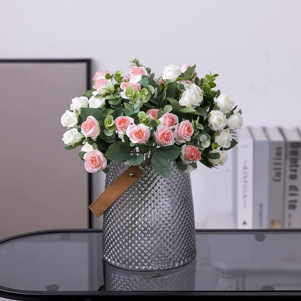 10 Heads pink Artificial Silk Rose Flowers Fake White Eucalyptus Peony Flower Bouquet, for Home Wedding Party Garden Decoration