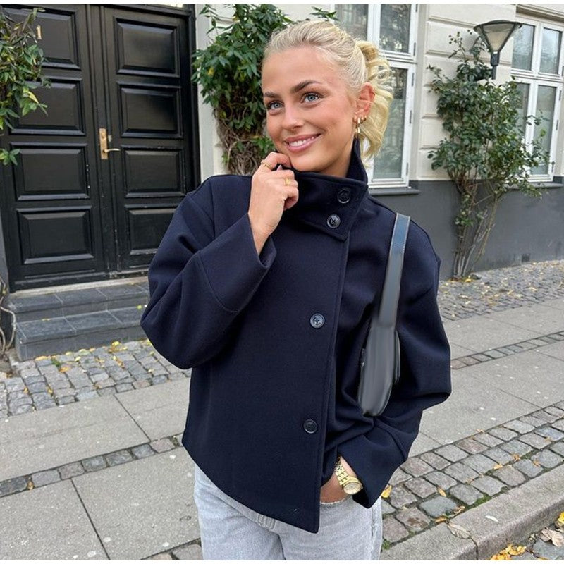 Elegant Stand Collar Woolen Jacket For Women Y2K Single Breasted Button Pockets Coat Lady 2025 Autumn Winter Street Chic Outwear