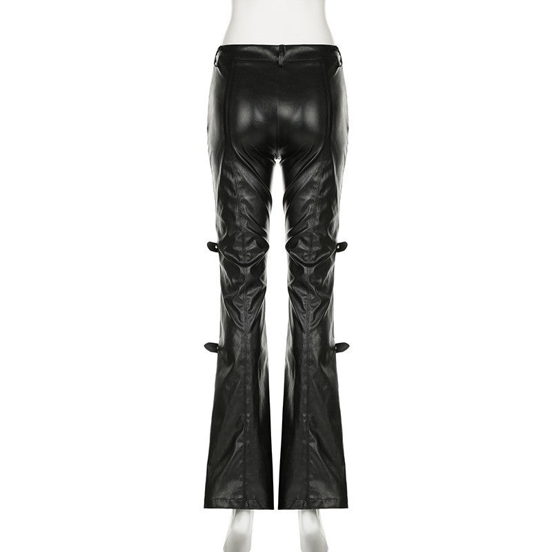 PU Leather Flare Pant Goth Buckle Lace Patchwork Pants Women Fashion Y2K Streetwear Vintage Aesthetics Casual Pants Trousers