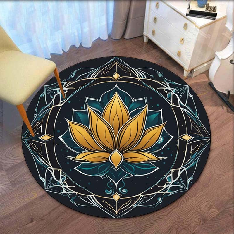 Golden Lotus Mandala Round Rug Crystal Velvet Floor Mat Spiritual Yoga Meditation Room Boho Chic Home Decorative Carpet