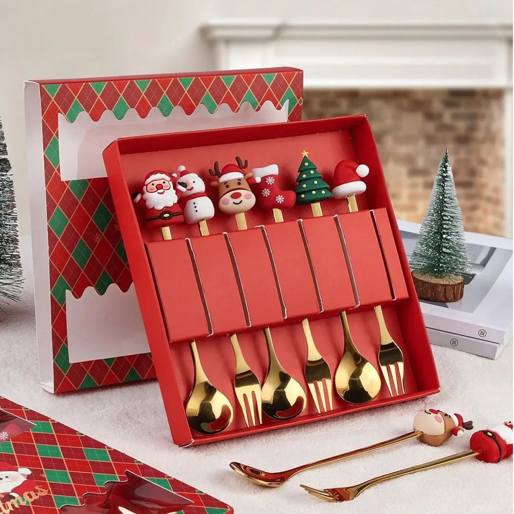 Christmas Themed Cutlery Set Stainless Steel Creative Cartoon Knife Fork Spoon 2/4/6pcs Set Holiday Gift Cutlery Decoration