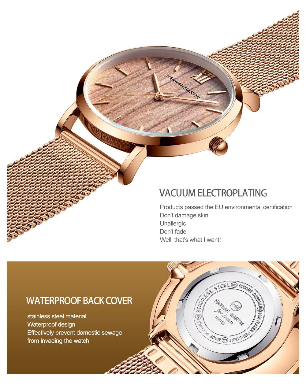HANNAH MARTIN Brand Quality Stainless Steel Japan Quartz Movement Waterproof Women 36mm Full Rose Gold Ladies Dropshipping Watch