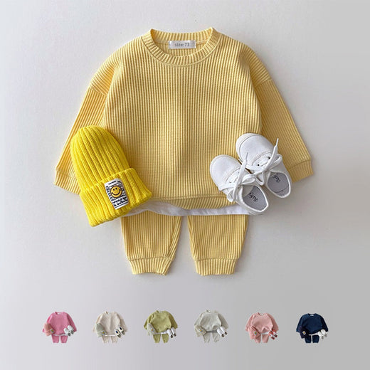 2023 Korea Toddler Baby Clothing Sets For Infant Baby Boys Clothes Set Mock Two-piece Waffle Cotton Sweatshirt+Pants 2pcs Outfit