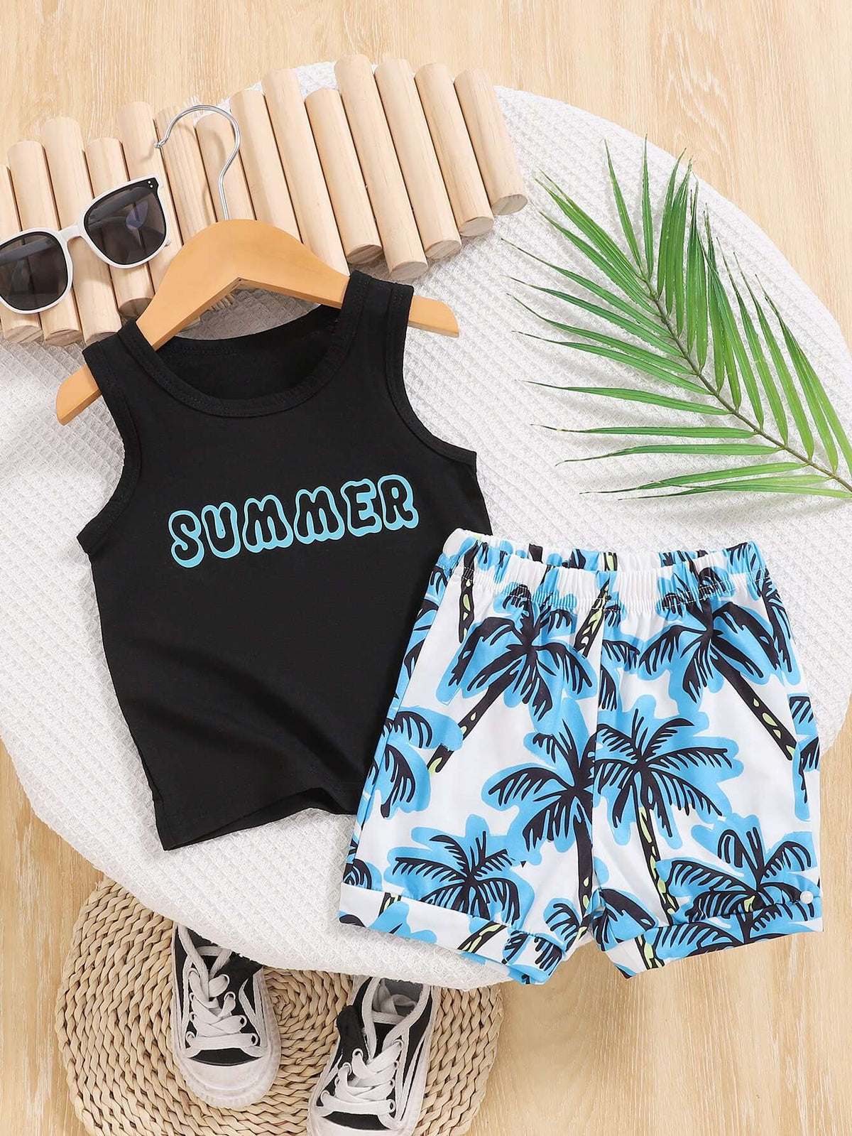 2pieces-Summer Baby Boy Casual Sports Outdoor Comfort Breathable Beach Vacation Travel Black Vest + Coconut Tree Printed Shorts
