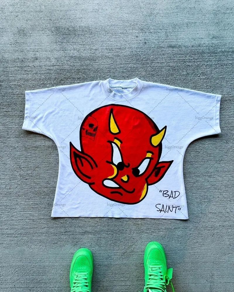 American Hip-hop Anime Print Oversized T-shirt Men Retro Trendy Streetwear Top Pure Cotton Round Neck Casual Loose Short Sleeves