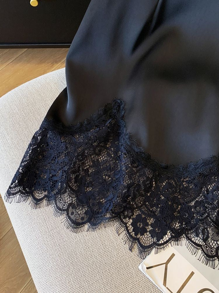 Ladies Fashion Lace Patchwork Satin A-line Skirt Summer High Waist Solid Color Temperament Skirt Women Clothes Simplicity Skirt