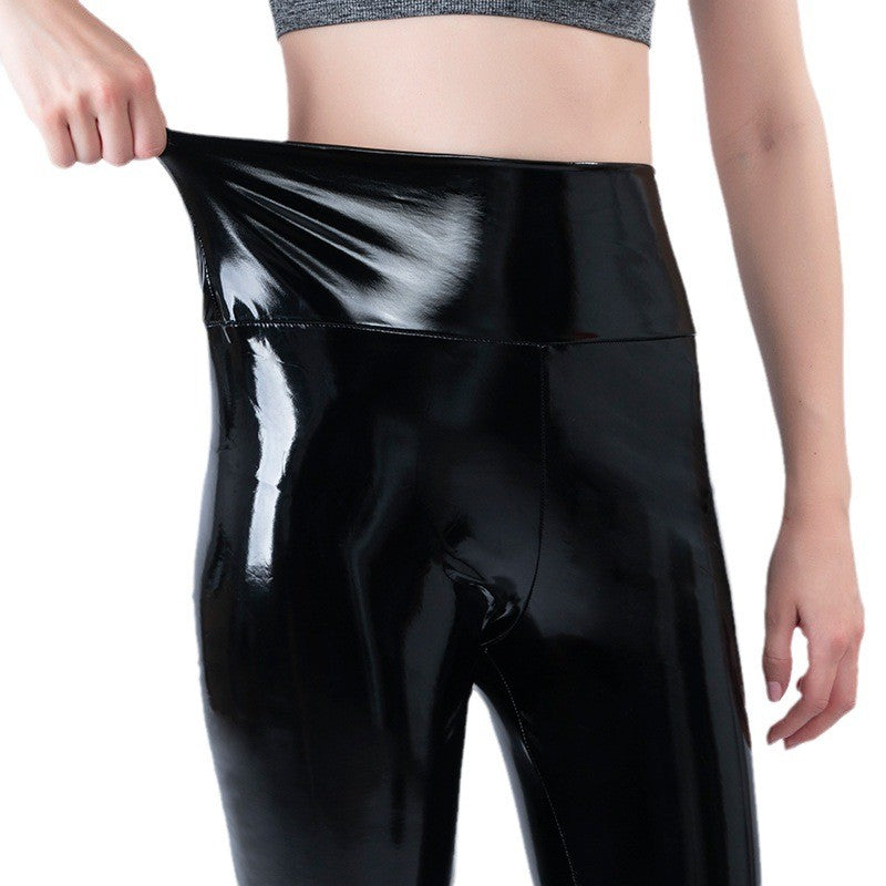 Push Up Women Black Leggings High Waist Elastic PU Leather Skinny Pants Shiny Wet Look Metallic Latex Ankle-Length Bottom