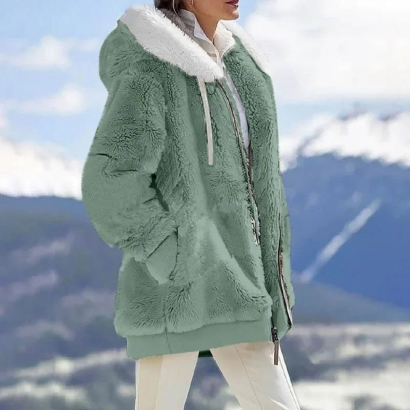 2024 Winter Warm Women Jackets Plush Casual Loose Fleece Plaid Y2K Hooded Zipper Fashion Cashmere Warm Solid Color Ladies Coats