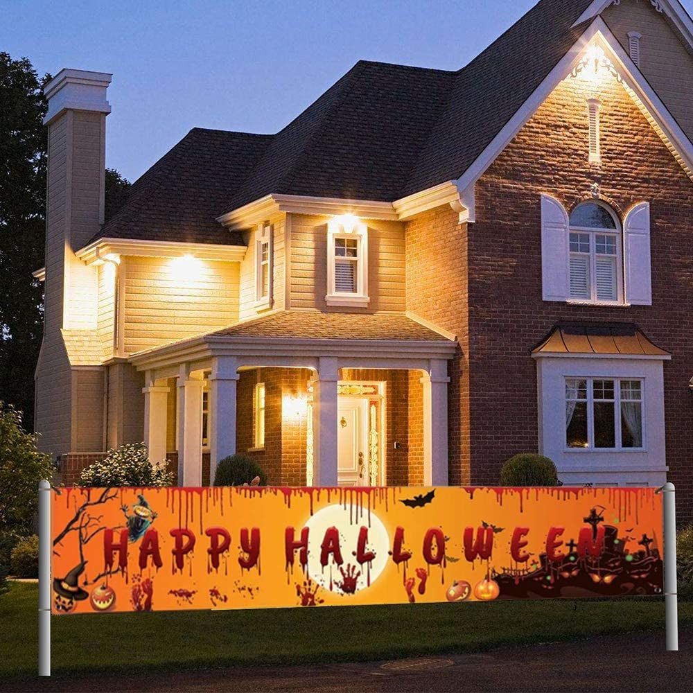 Happy Halloween Banner 250cm Long Hanging Halloween Banner with Pumpkin Terror Bloody Handprint Decor for Yard Indoor Outdoor