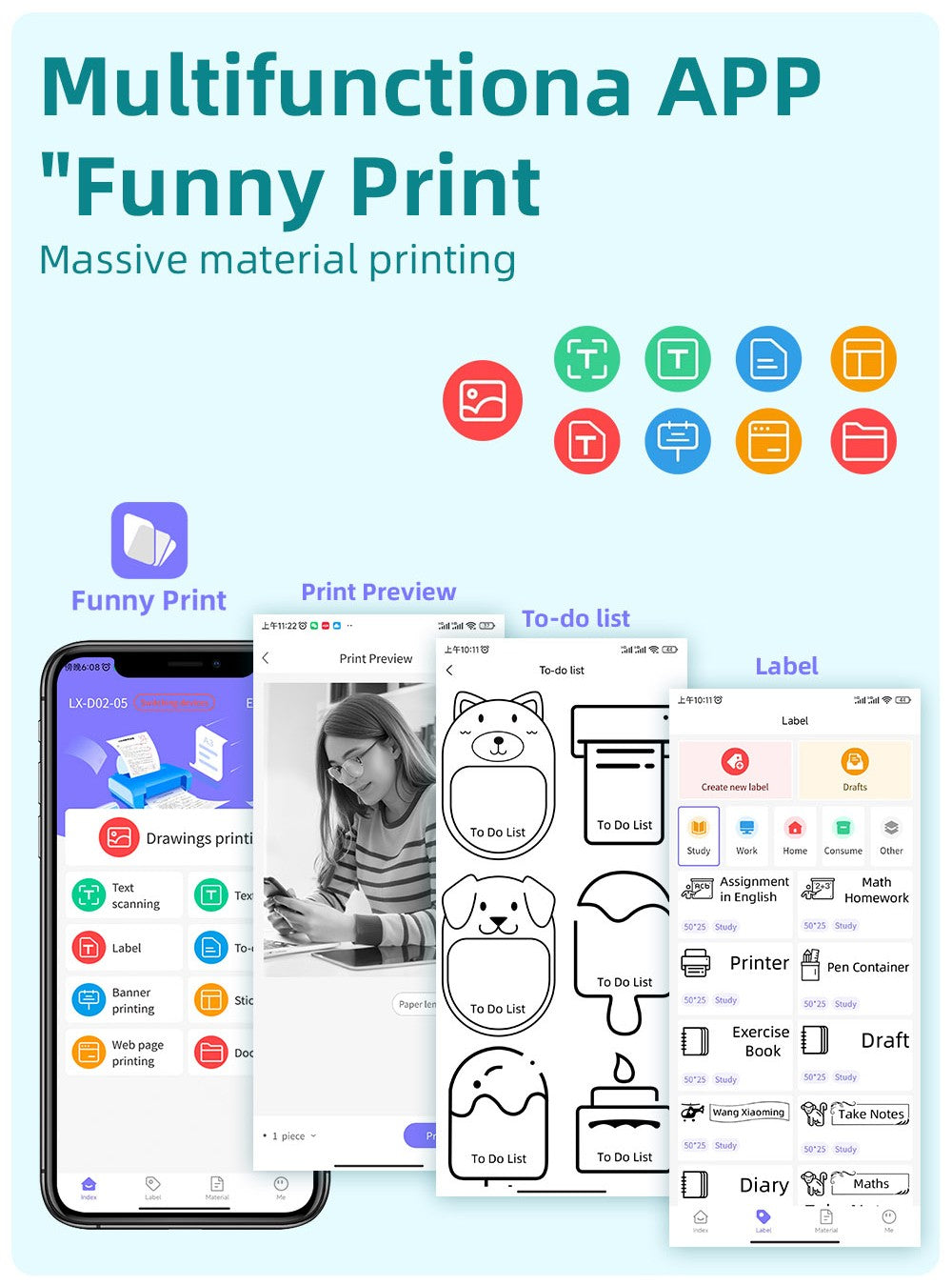 1200mAh Mini Printers Wireless Bluetooth Label Maker Printer 57mm Thermal Stickers Printer For School Home Text Photo Printing