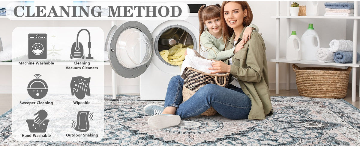 Area Rugs for Living Room, Machine Washable Vintage Rug, Non-Slip Low Pile Throw Rugs with Rubber Backing Washable Carpet