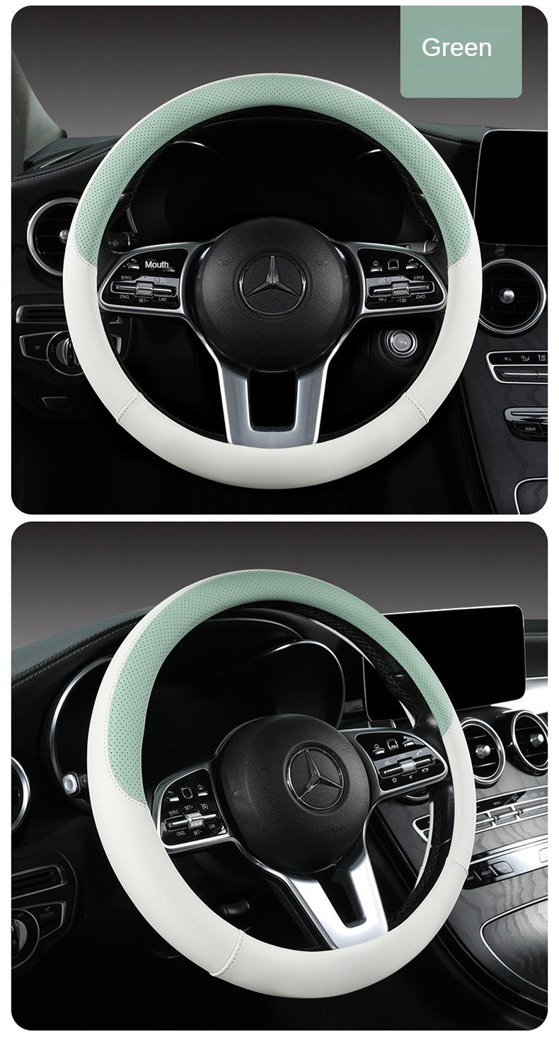 Perforated Nappa Leather Car Steering Wheel Cover Warm in Winter and Cool in Summer, Universal 15 Inch, Anti-Slip, Odorless