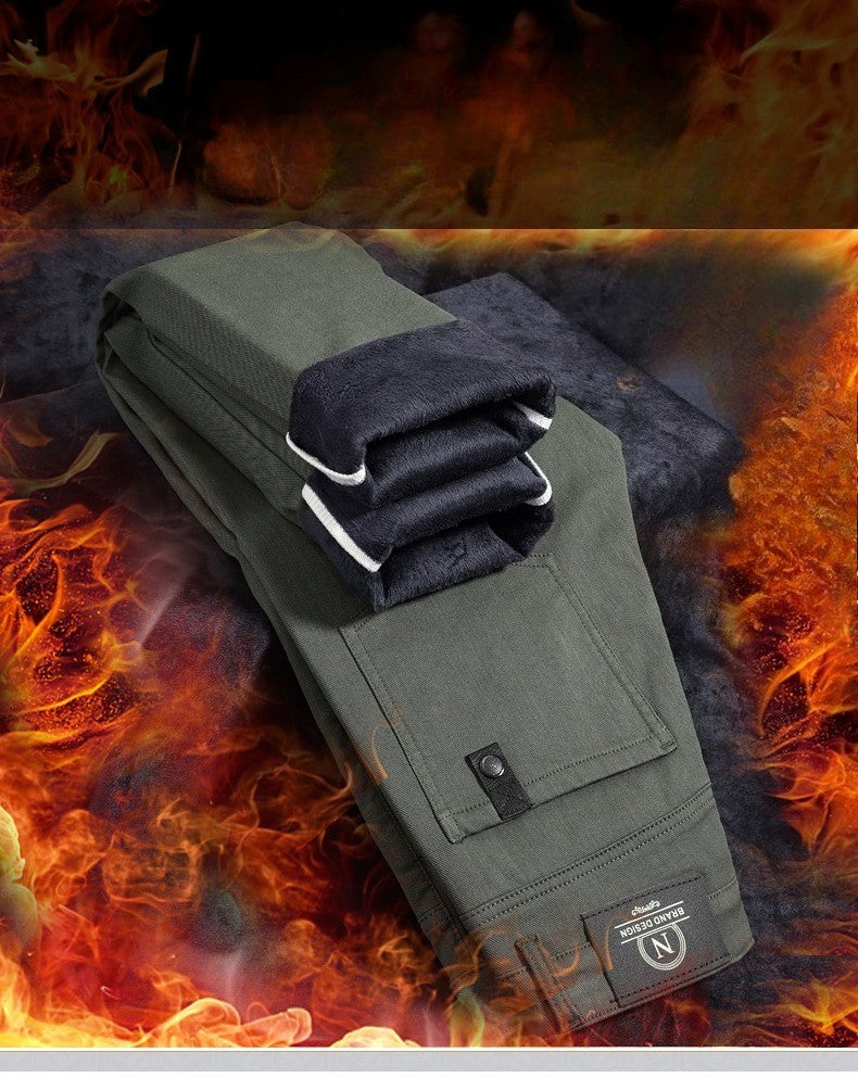 Fleece Pants Men's Winter Thick Slim Elastic Business Casual Velvet Pants Warm Fashion Solid Color Plush Trousers Male