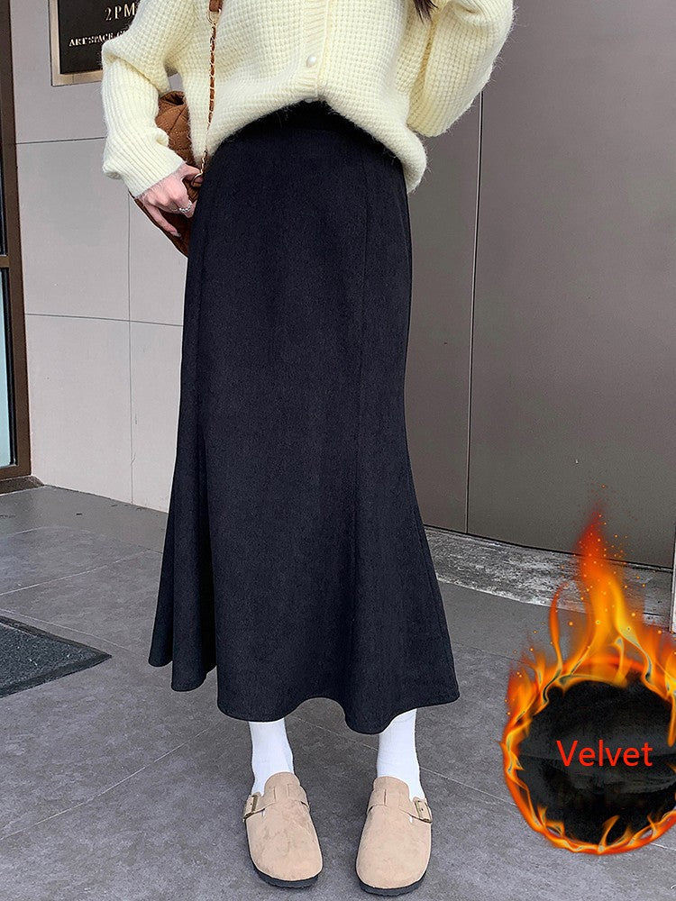 Plus Size Skirt Women 2024 Winter High Waist Elastic Velvet A Line Mermaid Skirt Korean Style Elegant Brown Or Black Long Skirts