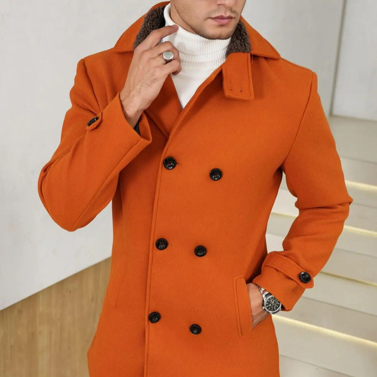 1 PCS Men's Woolen Overcoat, Open Front Coat with Fur Collar, Dual Button Design, Long Sleeve Casual Jacket with Pockets, Comfor