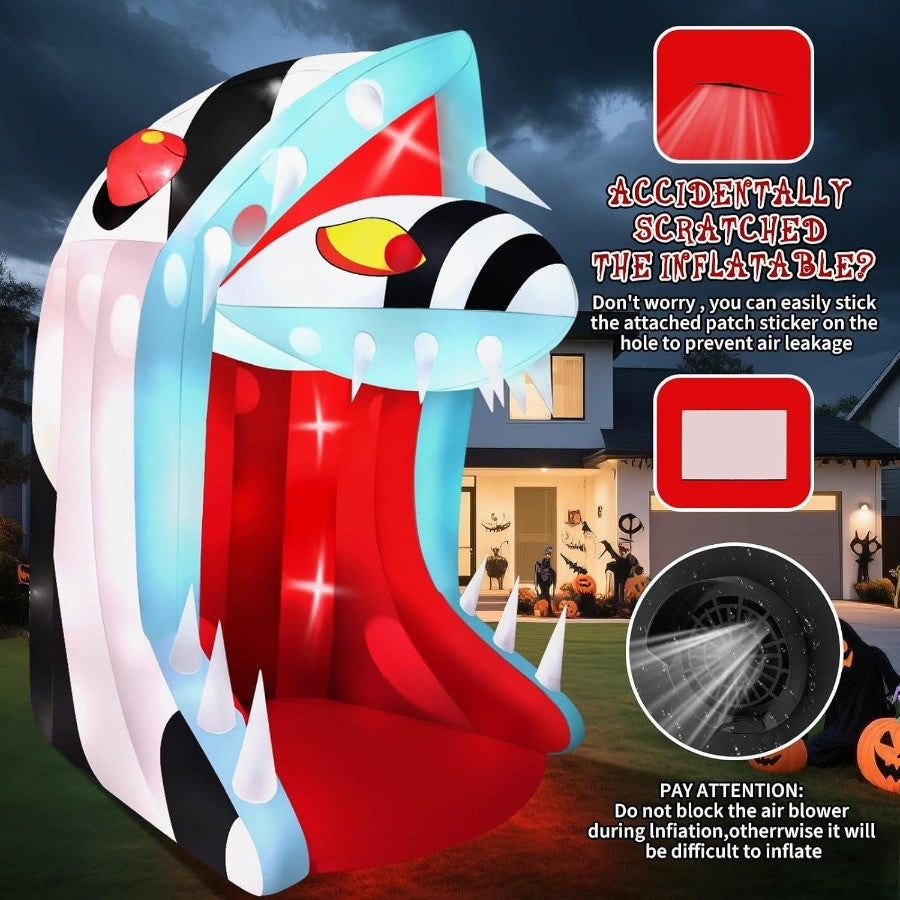 10FT Halloween Inflatable Snake Head with LED Light for Outdoor Yard Decoration Open Mouth and Sharp Teeth Design Perfect for H