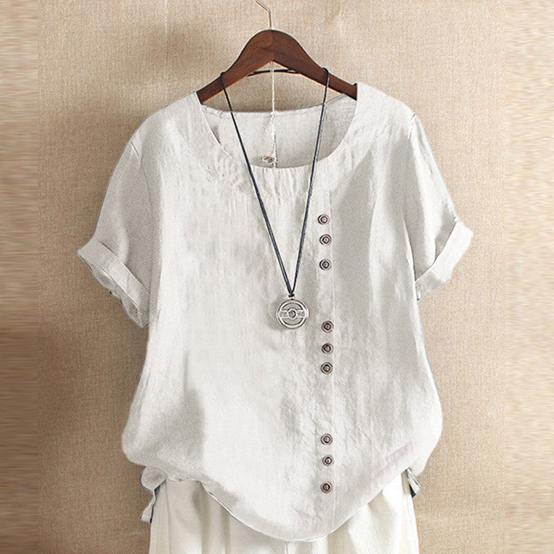 New Summer Women's Plus Size Shirt O-neck Cotton and Linen Loose Casual Ethnic Style Elegant Casual White Pink Top for Women