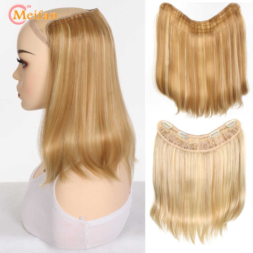 MEIFAN Synthetic Long Straight U-Shaped Half Head Wig for Women Black Brown Clips in Hair Extension Natural Fake Hairpieces