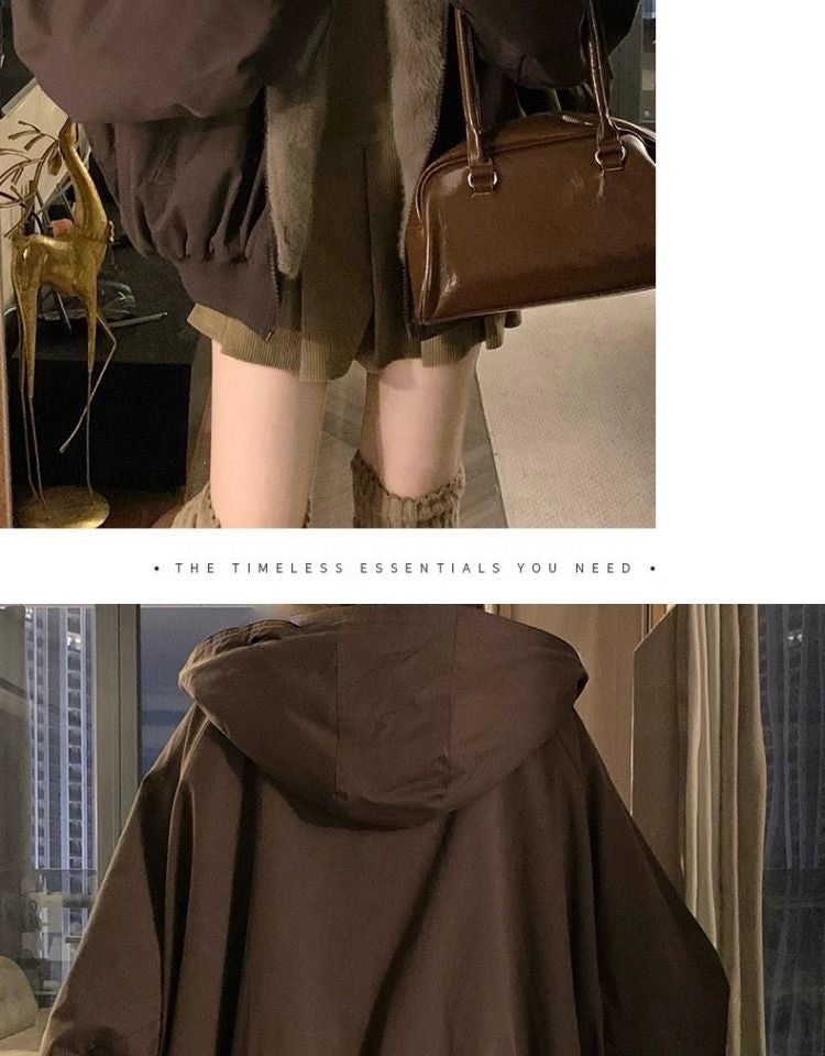 American Retro Reversible Velvet Zipper Hooded Jacket Women Winter Fashion Street Thick Loose Warm Harajuku Casual Plush Jacket