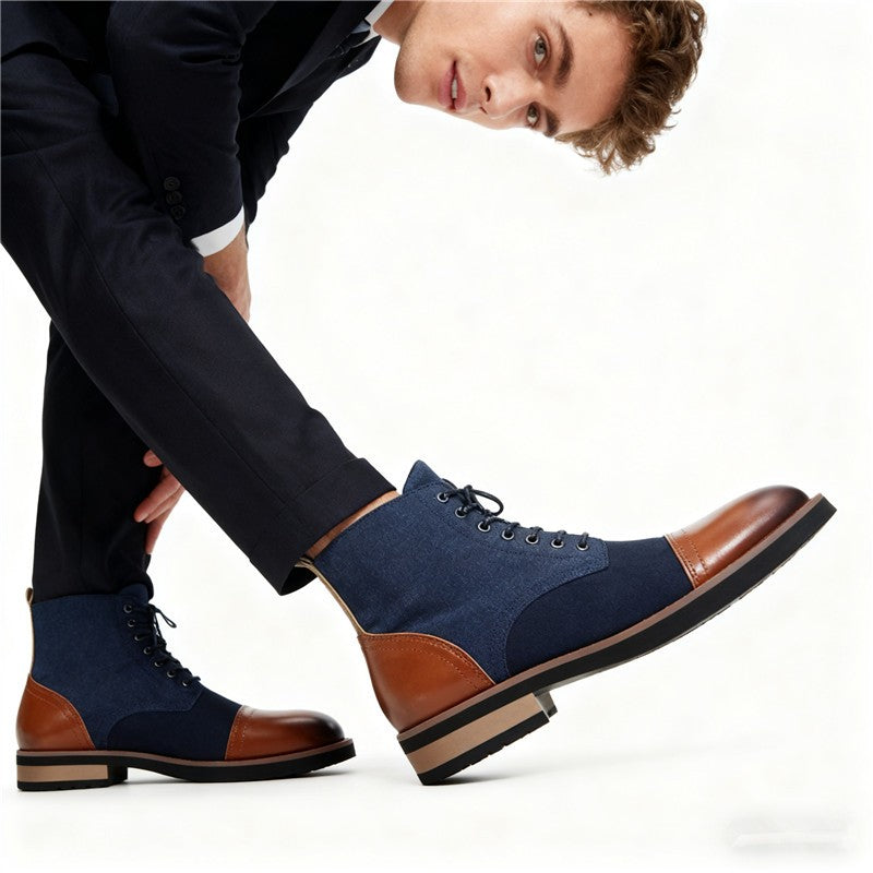 Men's Leather Lace - up Ankle Boots Retro Color - Block Formal Casual Boots Comfortable Non - slip Dress Boots For Daily Wear