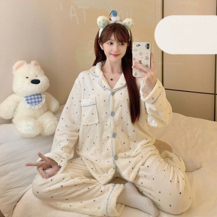 Winter Pajamas Lapel Neck Women's Pajamas Long Sleeve Kawaii Dog Warm Sleepwear Harajuku Style Cute Casual Pajamas Two-Piece