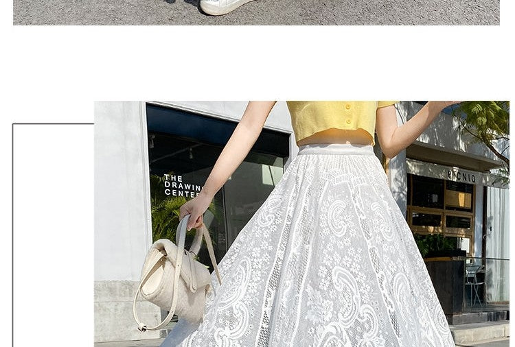 Plus Size plus Size Lace Hollow out f Skirt mid Waist Long Sle Fairy Skirt A-Line Umbrella Skirt Trendy Women's Clothing