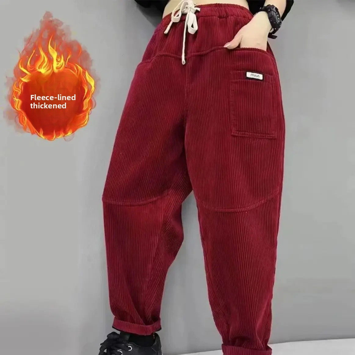 Thickened Fleece Lined Corduroy Harlan Pants Winter New Fashion Long Trousers Elastic Waist Loose Versatile Trendy Women's Cloth