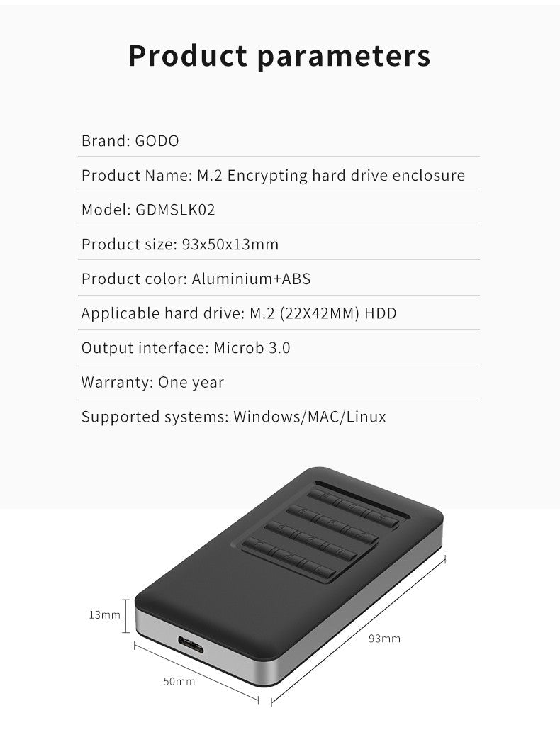 GODO M.2 MSATA Hardware encryption USB3.0 Full disk EncryptionTool free Installation with Password Mobile Hard Disk Box 2.5“Sata