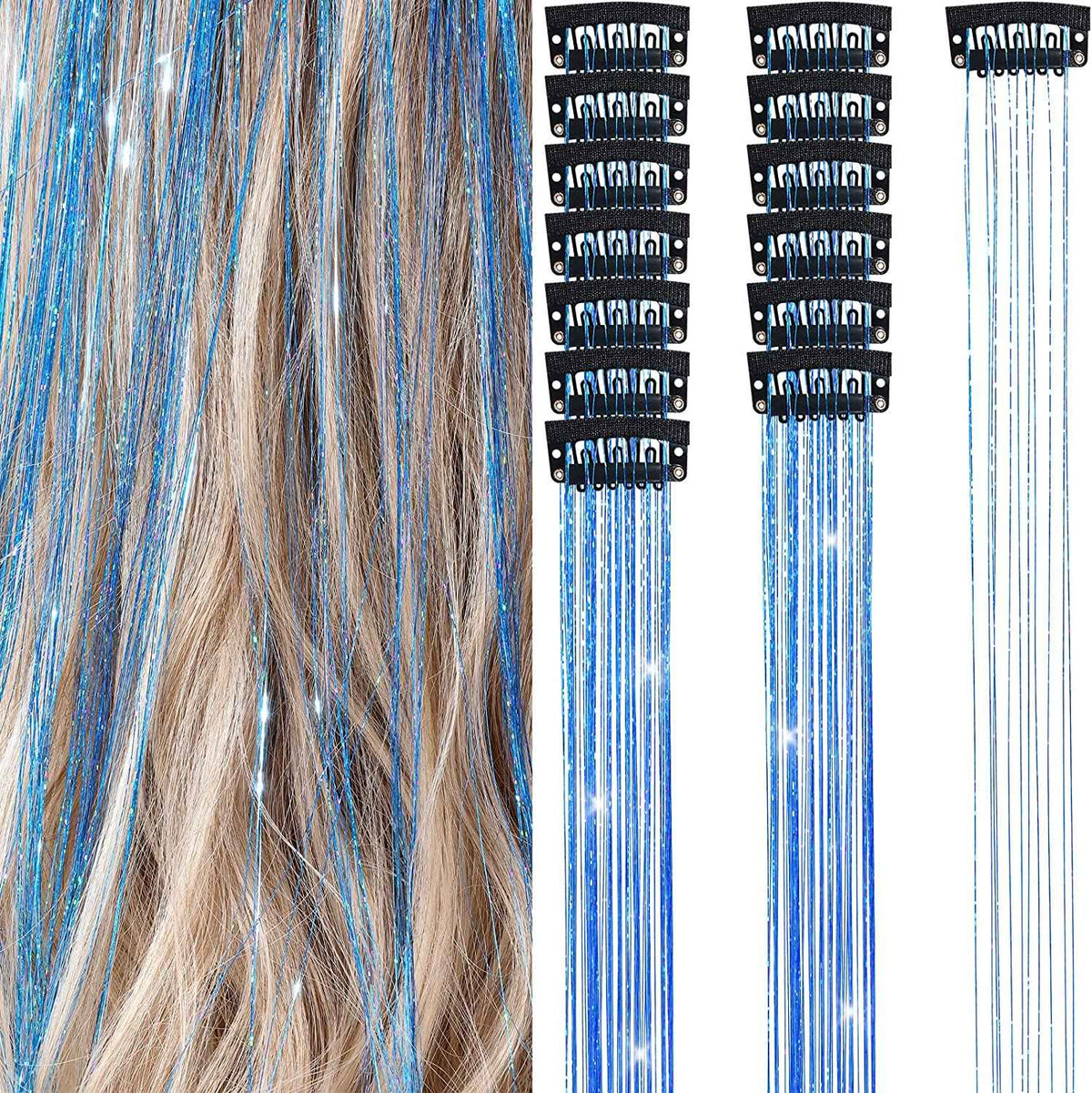 6Pcs 50cm Sparking Shiny Hair Tinsel Hair Extensions Tinsel Synthetic Hair Clip Extensions Women for Braiding Headdress