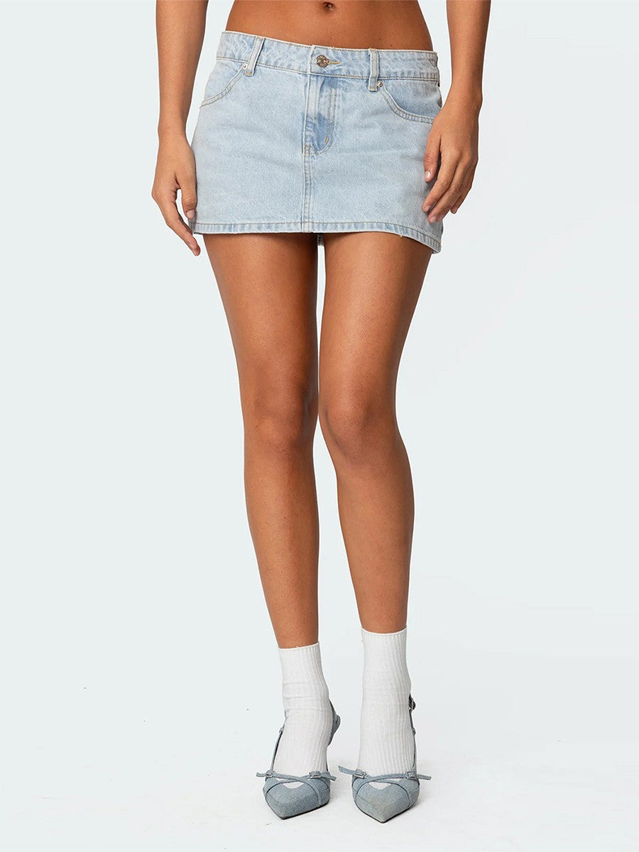Womens Denim Mini Skirt Y2k Vintage Low Rise Jean Skirt Sexy Going Out A-Line Pencil Bodycon Short Skirt with Pockets