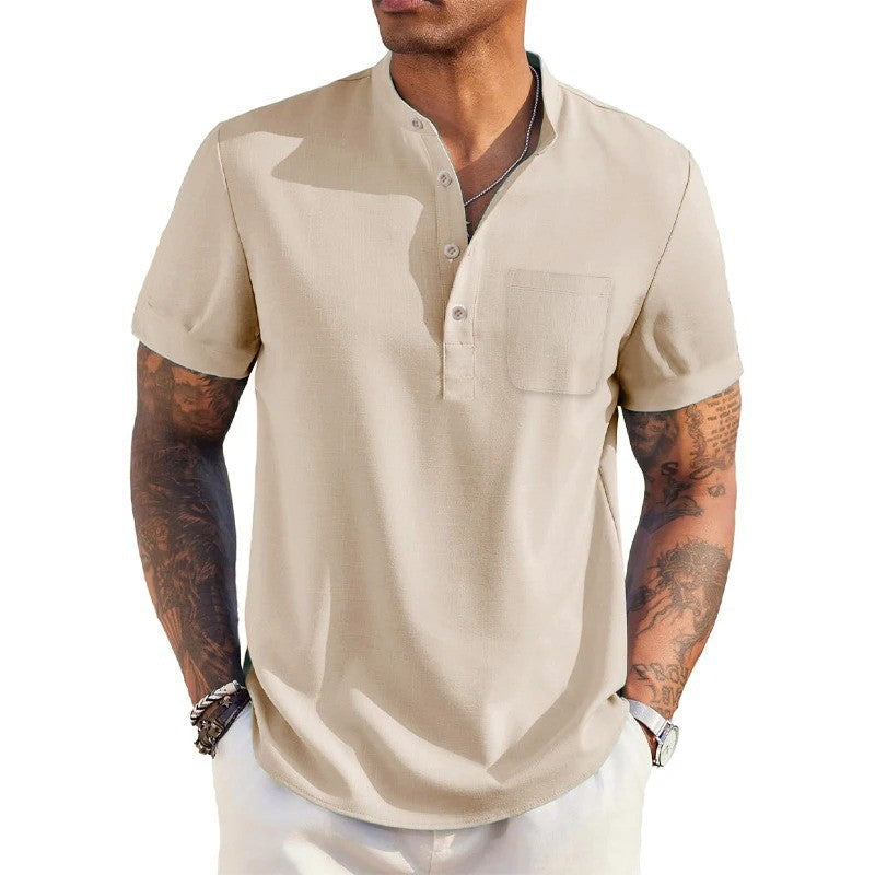 Summer Men's Cotton Linen T-Shirt Henley Neck Pocket Casual Lightweight Breathable Beach Shirt Solid Color Basic Style Tops