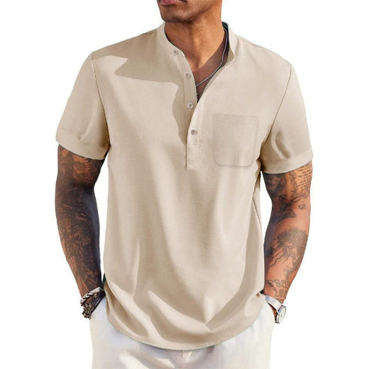 Summer Men's Cotton Linen T-Shirt Henley Neck Pocket Casual Lightweight Breathable Beach Shirt Solid Color Basic Style Tops