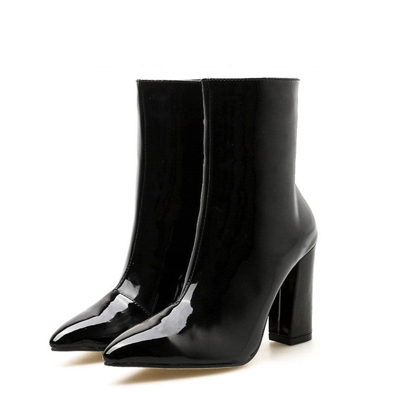 Aneikeh 2025 Spring Fashion Silver Patent Leather Women Ankle Boots Pointed Toe Square High Heels Shoes Chelsea Botas De Mujer