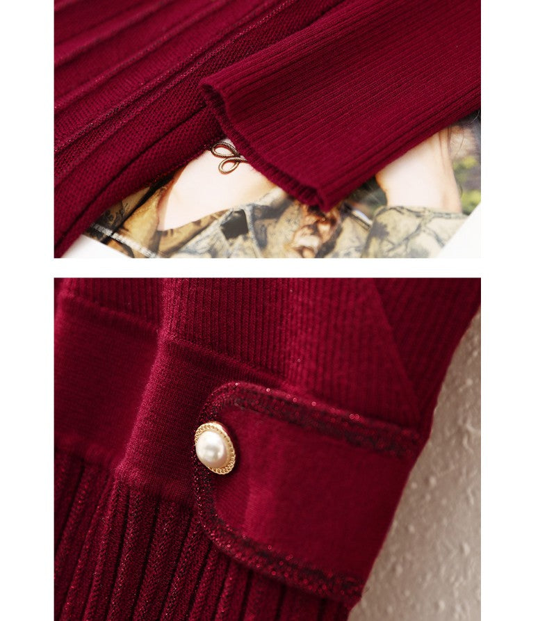 MARKOWO Desinger Brand 2022 Autumn and winter niche wool retro temperament slim V-neck knitted pleated dress