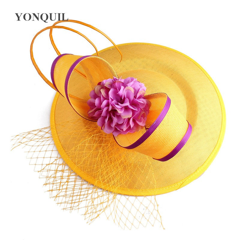New Design Yellow With Purple Hair Fascinator Hat Headband Bridal Wedding Party Headpiece Mesh Ladies Occasion Hair Accessories