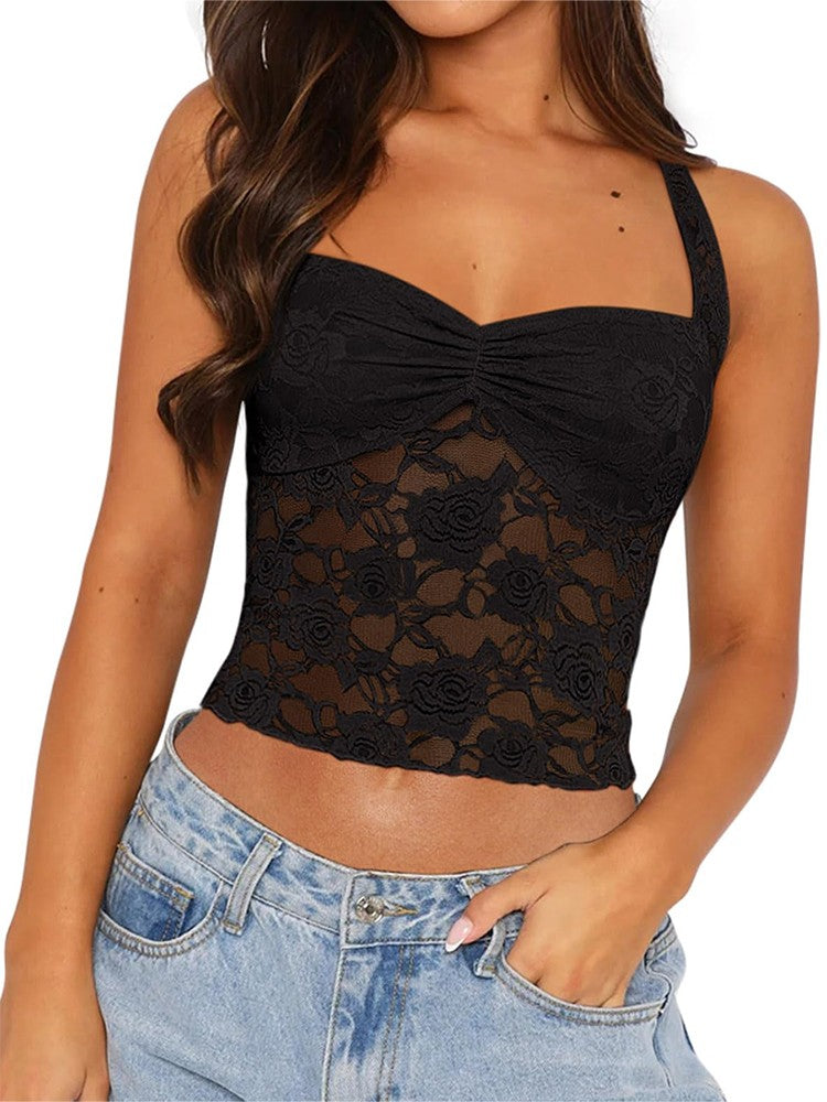 2025 Spring and Summer New Women's Y2K Style Sleeveless Sexy Slim Lace T-shirt Lace Tie Solid Color Vest Top