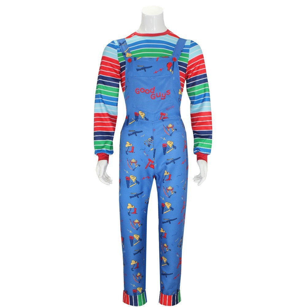 Movie Horror Chucky Adult Chucky Cosplay Costume with Striped Shirt and Jumpsuit for Chucky Overalls Halloween Costumes