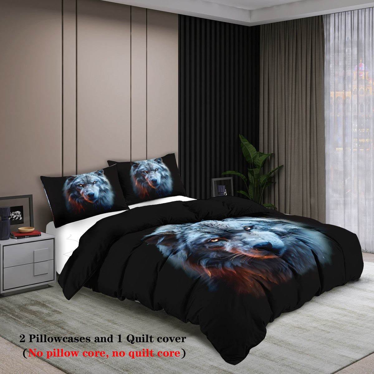 3-piece set, wolf pattern printed bedding set, queen, king, double bed, for bedroom, guestroom, hotel, home decoration