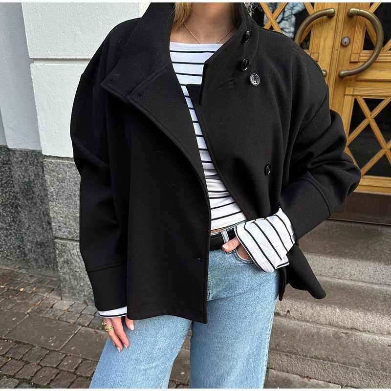 Elegant Stand Collar Woolen Jacket For Women Y2K Single Breasted Button Pockets Coat Lady 2025 Autumn Winter Street Chic Outwear