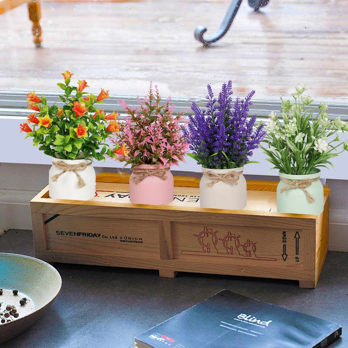 Artificial Pot Flowers Small Fake Plants with Pot Mini Potted Plants for Home Room Office Party TableTop Decoration Fake Potted