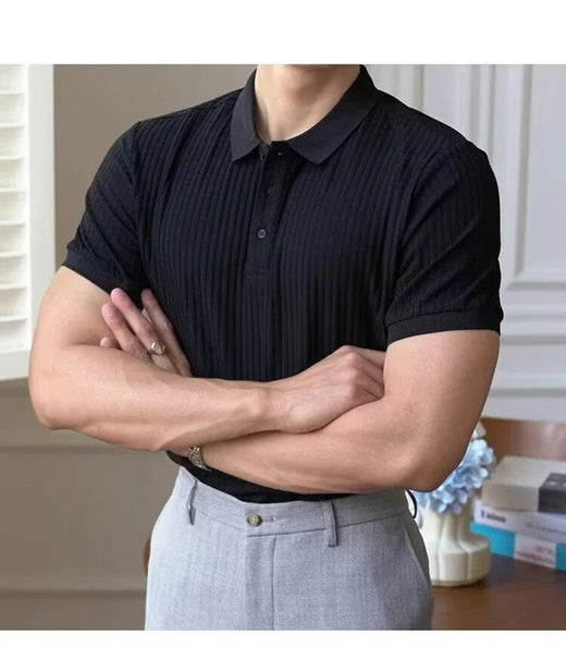 New Vertical Stripe Knit Polo Men's Shirts Summer Slim Solid Color Breathable Turn-Down Collar Business Short Sleeve Polo Tops
