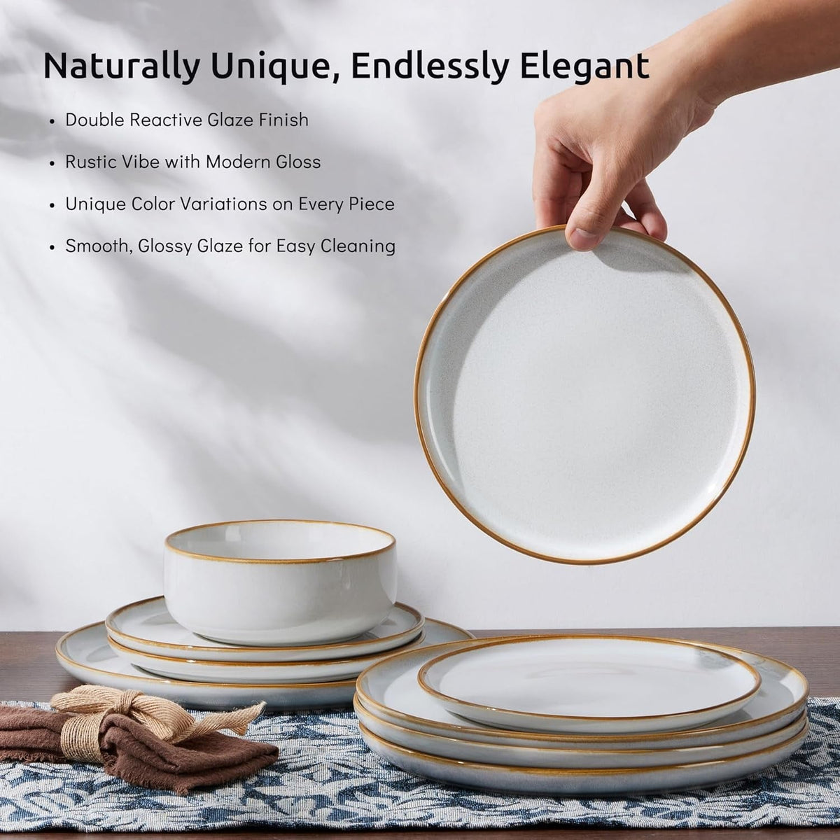 Plates and Bowls Set for 4, 12-Piece Stoneware Dinnerware Sets, Ceramic Dinning Ware Reactive Glaze Dishes Set, Microwave & Dish