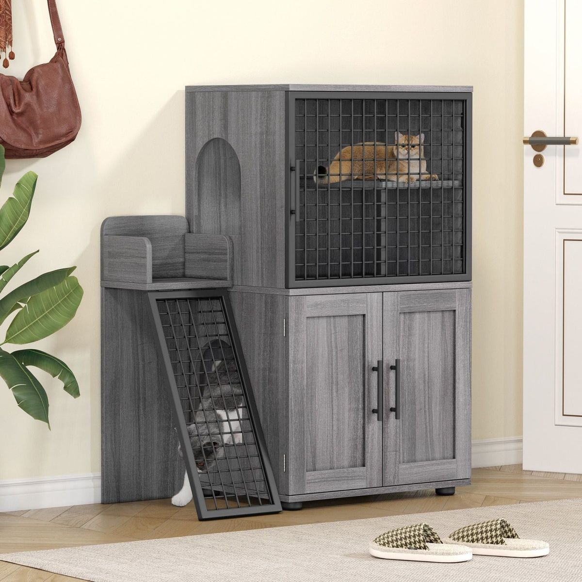 Cat Litter Box Enclosure with Platform,Double Layer Cat Litter Hidden Furniture,Cat Washroom Furniture,Cat House with Ladder