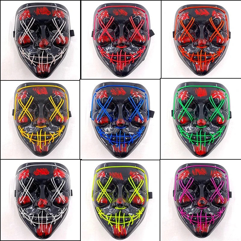 Wireless LED Neon Purge Mask & Fiber Optic Gloves, Scary Glow In Dark Mask for Halloween Carnival Cosplay Bar Birthday Party