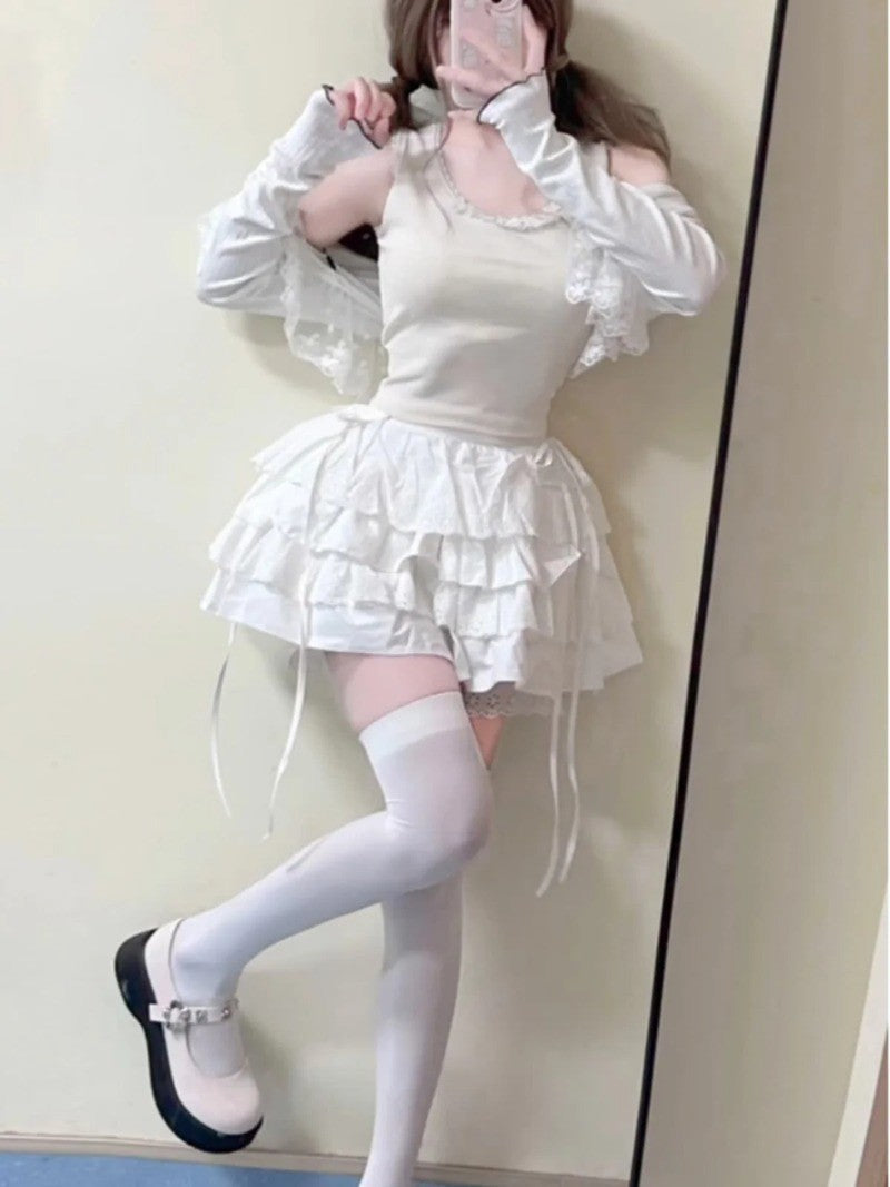 Summer White Mini Skirts Women Lace Patchwork Sweet A-line Slim High Street Bow Korean Fashion Y2k Skirt Harajuku Streetwear Ins