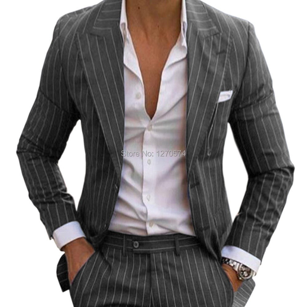 Slim Fit Pinstripe Smoking Suit for Men Peaked Lapel Tuxedo 2-Piece Blazer And Pants Wedding Groomsmen Formal Wear
