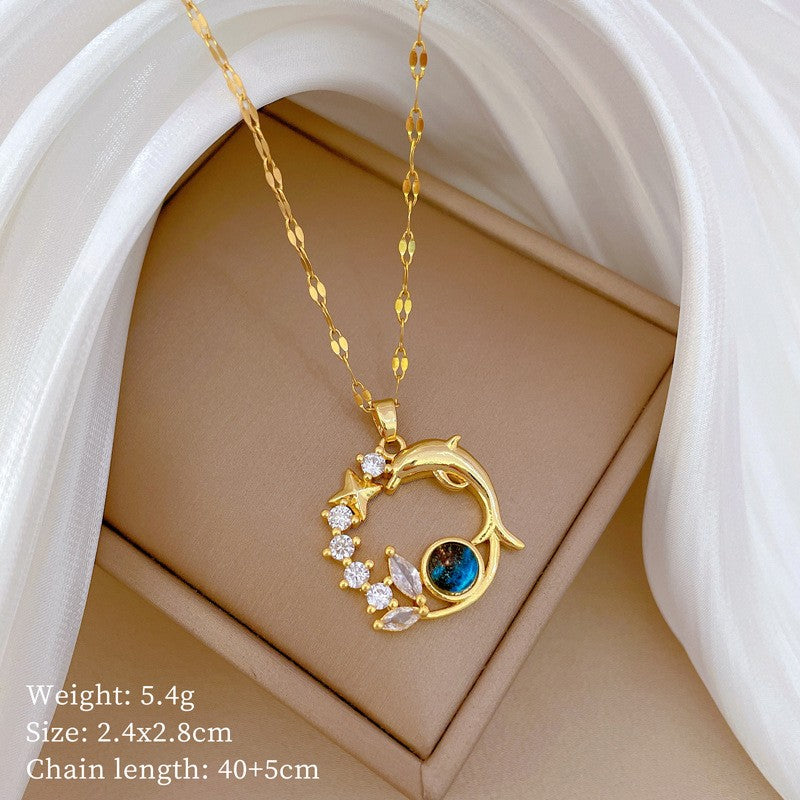 Exquisite Dolphin Star Blue Crystal Pendant Necklace For Women Fashion Personalized Daily Accessory Party Jewelry Birthday Gifts