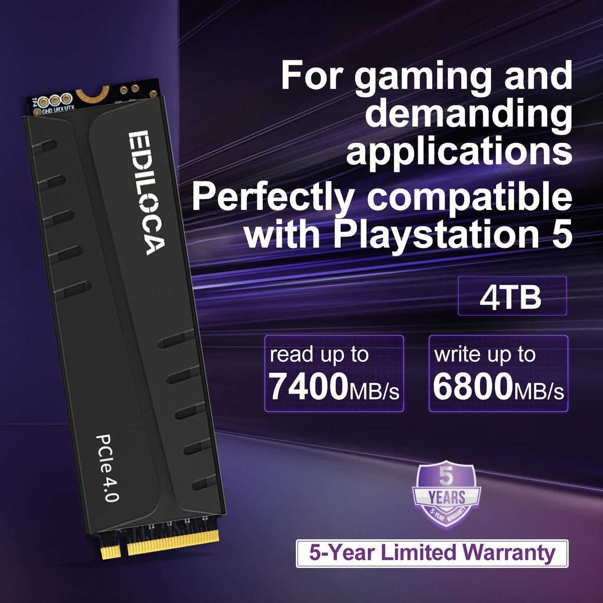 Ediloca EN855 SSD with Heatsink 7400MB/s PCIe Gen4.0 NVMe M.2 Gaming SSD Internal Solid State Drive for PS5 & PC