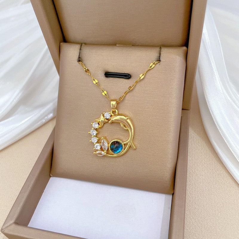 Exquisite Dolphin Star Blue Crystal Pendant Necklace For Women Fashion Personalized Daily Accessory Party Jewelry Birthday Gifts
