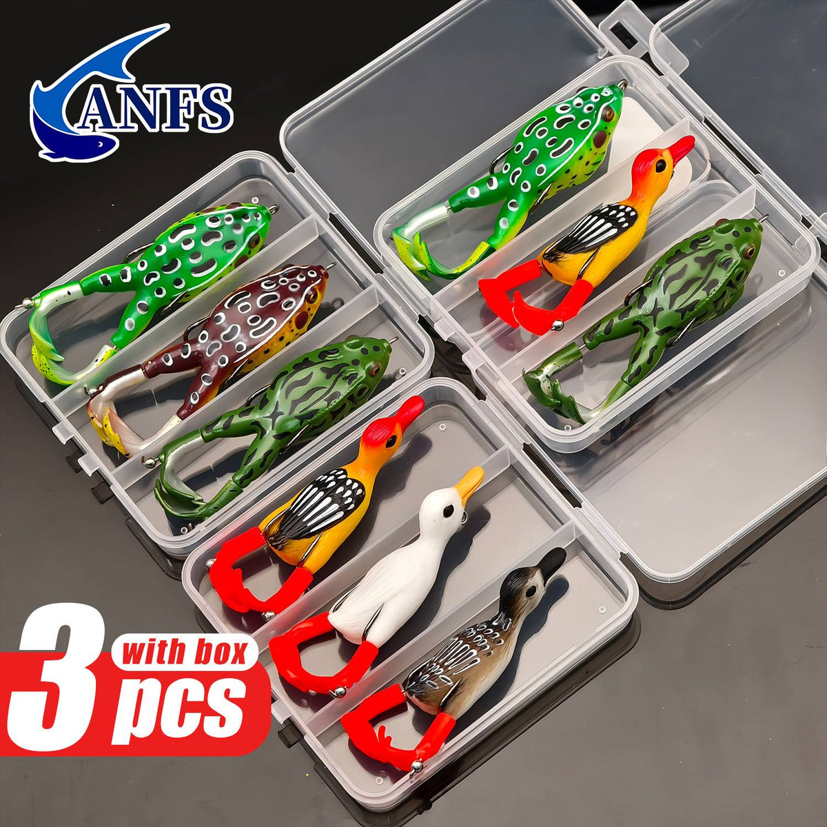 ANFS 3pcs Premium Frog- Duck Shaped Fishing Baits with Storage Box -Soft Lure For Topwater Freshwater Fishing